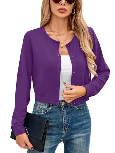 Heymoments Women Cropped Cardigan Bolero Shrug Purple Large Button Down Long Sleeve Crewneck Casual Business Ladies Open Front Knit Lightweight Coat Fall Tops Sweater for Dresses Jean - Image 1