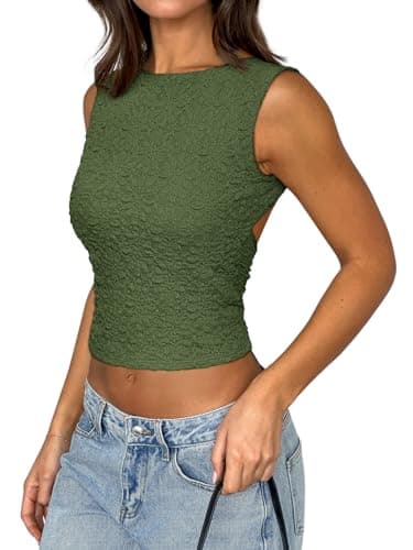 REORIA Women's Summer Sexy Open Back High Neck Sleeveless Tank Top Double Lined Y2k Lace Twist Backless Crop Tops Dark Green X-Large - Thumbnail 4