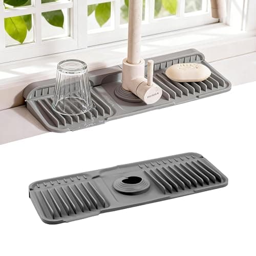 ZJWZLG Faucet Mat for Kitchen Sink, 14"X5.5" Silicone Sink Splash Guard with Soap Holder, Snap-On Design & 7°slope Fast Drain, Folding Sink Faucet Mat for Universal Kitchen Bathroom Sink（Grey） - Image 1