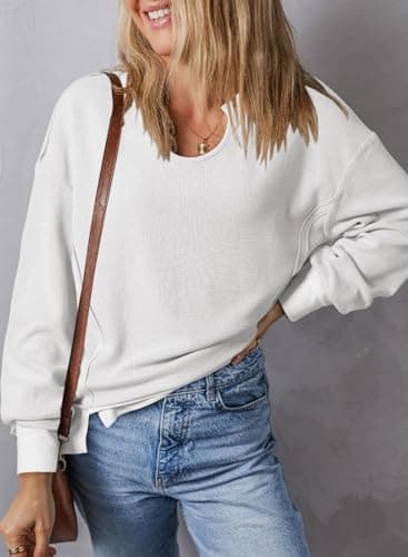Dokotoo White Long Sleeve Shirts for Women Cropped Sweaters 2025 Spring Outfits Fashion Womens Tops Trendy Blouses Dressy Casual Loose Fit Tshirts Plain Comfort Western Waffle Knit Clothing M - Thumbnail 4