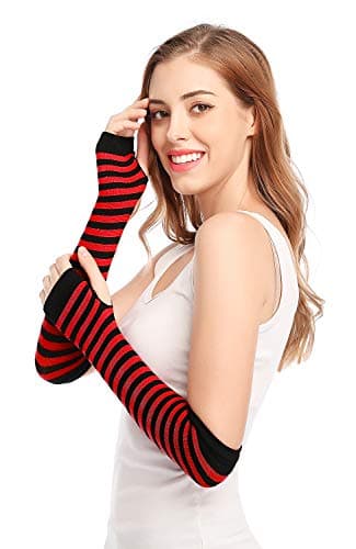 Bienvenu Punk Gothic Rock Long Arm Warmer Fingerless Gloves,Red - Thumbnail 4