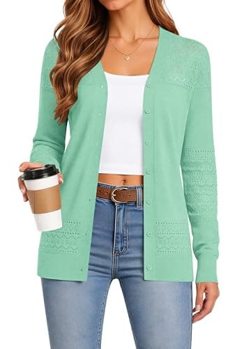 Jouica Casual Colorful Cardigan for Women 2026 Long Sleeve V-Neck Lightweight Hollowed-Out Knit Sweaters,Light Green,Medium - Image 1