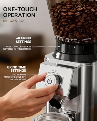 IAGREEA Coffee Grinder with Anti Static, Burr Coffee Bean Grinder for Home Use with 48 Precise Grind Settings, Detachable Funnel Stand for Espresso/Drip/Cold Brew/French Press, Stainless Steel - Thumbnail 3