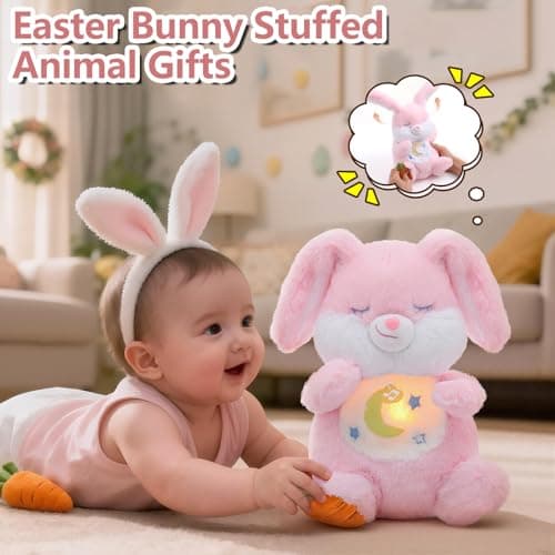 MILEGI Breathing Stuffed Animal, Soothe Snuggle Pink Easter Bunny Stuffed Animal for Anxiety Adults and Kids, Sleeping Soothing Bunny Plush with Realistic Breathing and Lights, Easter Basket Stuffers - Thumbnail 2