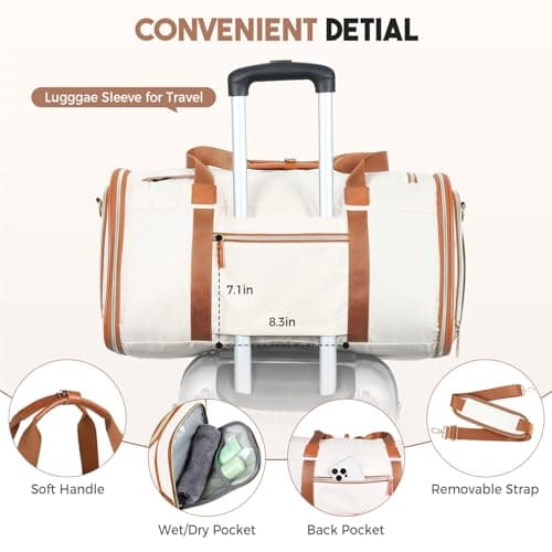 Tonyeee Garment Duffle Bags for Travel, 4ni1 Hanging Weekender Bag for Women, Convertible Carry on Garment Bag, Travel Garment Duffle Bag with Shoulder Strap, Apricot & Brown - Thumbnail 6