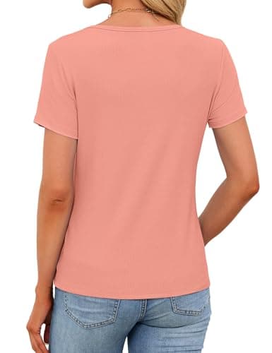 Womens Short Sleeve Tops Stretchy Scoop Neck Henley T-Shirts Ribbed Shirts Fitted Casual Basic Top T-Shirts Soft Summer Shirts 2026 Coral XL - Thumbnail 5