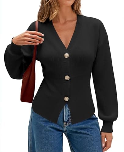 ECOWISH Cardigan Sweaters for Women 2025 Fall Long Sleeve V Neck Button Down Cropped Sweater Winter Ribbed Knit Outwear 475 Black S - Image 1