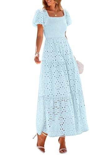 PRETTYGARDEN Summer Dresses for Women 2026 Eyelet Square Neck Puff Sleeve Smocked Wedding Guest Maxi Dress with Pockets (Light Blue,X-Large) - Image 1