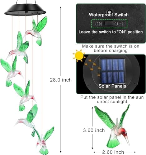 Solar Green Hummingbird， Color Changing Wind Chimes for Outside, Waterproof Solar Powered Wind, Solar Light LED Multi-Color Light Cover Gift for Christmas Garden Decor (Green Hummingbird) - Thumbnail 2