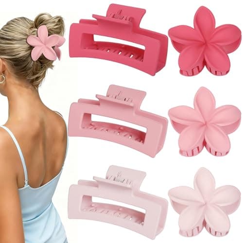Flower Hair Clips for Women Square Claw Clips for Girls 2 Styles Hair Claw Clips for Thick or Thin Hair 6 PCS Hawaiian Hibiscus Rectangle Large Plumeria Medium Hair Accessories for Women (Light Pink)