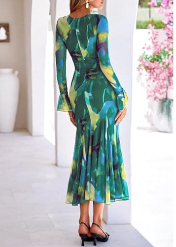 Lazysmile Women's Long Sleeve Floral Maxi Dresses Fall Formal Crewneck Bodycon Mesh Ruffle Wedding Guest Cocktail Party Dress Green - Thumbnail 2