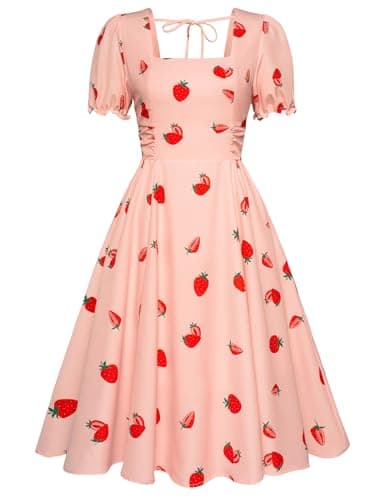Belle Poque Pink Strawberry Vintage Milkmaid Wedding Guest Dress 2026 Summer Square Neck Puff Sleeve Sun Dress XXL - Image 1