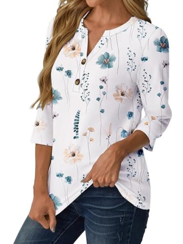 GKBK Womens Tops 3/4 Length Sleeve V Neck Button Down Loose Fit Shirts Business Casual Basic Tees Summer Fashion Cute 2026 Dressy Casual Vacation Travel Blouses Trendy Outfits Flower S - Thumbnail 4