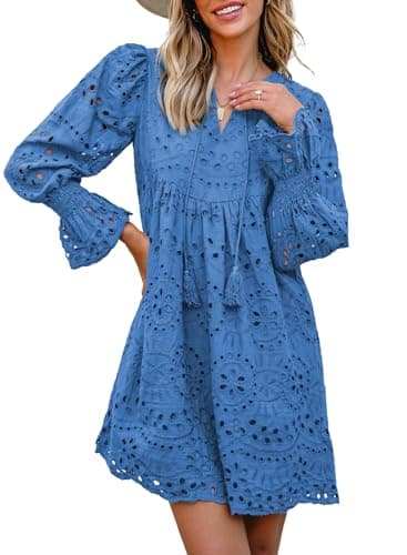 Dokotoo Long Sleeve Dresses for Women 2026 Elegant Spring Fashion Embroidered Hollow Out Blue Dress Tassel V Neck Cotton Casual Beach Party Dress Long Sleeve Wedding Guest Dresses for Women Medium - Image 1