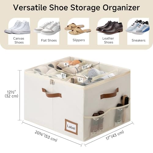 StorageWorks Shoe Organizer for Closet, 2 Pack Shoe Storage Boxes with Clear Lid, Stackable Shoe Storage Organizer for Sandals and Slippers, Fabric Shoe Bins for Closet, Holds 16–32 Pairs, Beige - Thumbnail 2