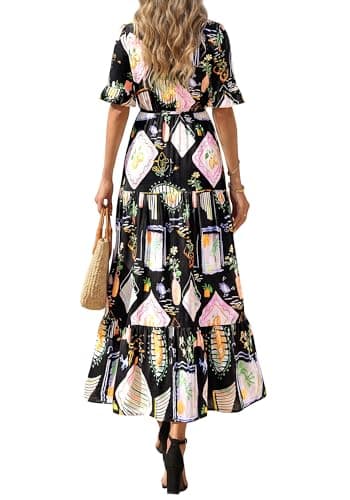 BTFBM Boho Dresses for Women 2026 Summer Spring Casual Floral Short Sleeve V Neck Flowy A-Line Maxi Party Dress Pockets(Floral Black Multi, Medium) - Thumbnail 3