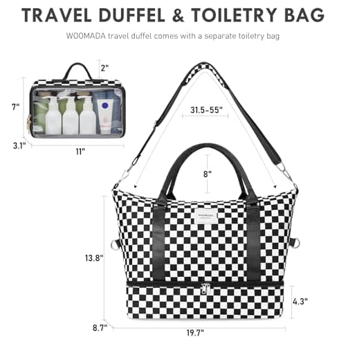WOOMADA Weekender Overnight Bag for Women, Carry on Shoulder Travel Duffel with Shoes Compartment,Gym Bag with Toiletry Bag(black checkerboard) - Thumbnail 2
