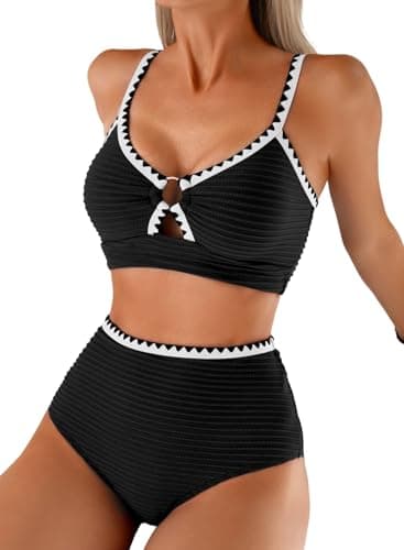 Herseas Women's Textured Black Bikini Sets 2026 Summer Push Up V Neck Popular Swimsuits O Ring Whip Stitch High Waisted Bathing Suits Flattering Modest Cruise Outfits X-Small - Image 1