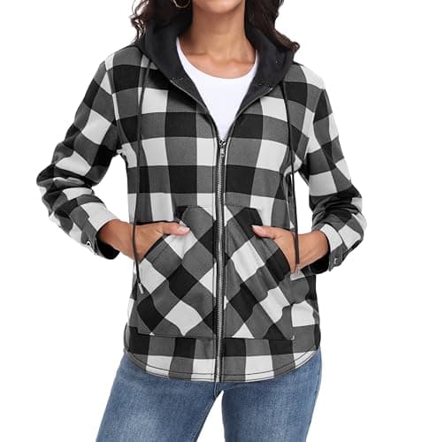 Lepunuo Women's Fleece Plaid Jacket Long Sleeve Hooded Full-Zip Color Block Jackets with Pocket Black White - Image 1