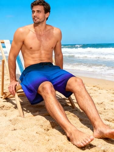 Cozople Mens Swim Trunks 7 Inch Inseam Swim Shorts Black Blue Gradient Bathing Suit Boxer Brief Lined Swimsuit Anti Chafe Board Shorts with Compression Liner M - Thumbnail 2