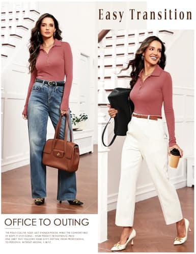Meetrendi Women's Long Sleeve Business Casual Tops Collared V Neck Work Blouse Button Fitted Polo Shirts Rose S - Thumbnail 4