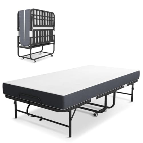 BIZOEIRON Folding Bed with Mattress for Adults, 75" x 38" Foldable Bed, Twin Size Metal Bed Frame with Wheels, Portable Rollaway Bed for Guest, Travel