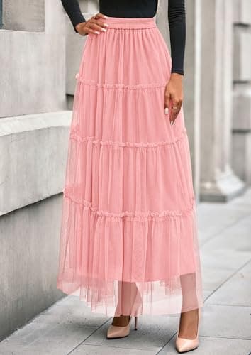 PRETTYGARDEN Tulle Skirts for Women 2026 Spring Fashion Elastic High Waisted Tiered Flowy Fairy A-Line Casual Maxi Long Skirt (Light Pink,Medium) - Thumbnail 3