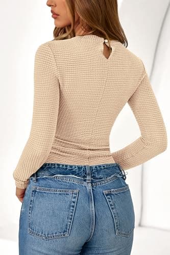PRETTYGARDEN Womens Tops 2026 Spring Long Sleeve Fitted T Shirts Waffle Ruched Crop Shirt Basic Knit Workout Y2k Clothes(Beige,Large) - Thumbnail 3
