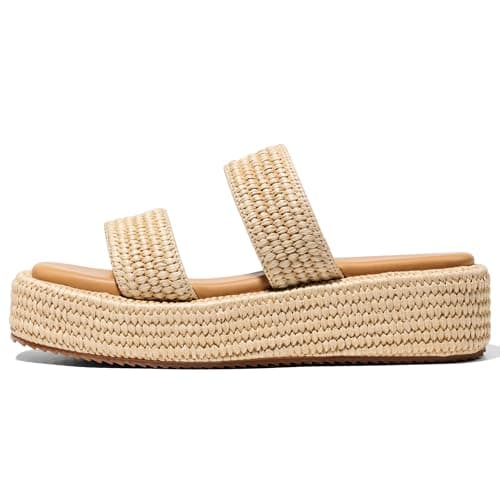 Erocalli Wedge Sandals Platform Espadrilles for Women Cute Brown Summer Beach Sandal Comfortable Raffia Open Toe Dressy Slides Two Straps - Image 1