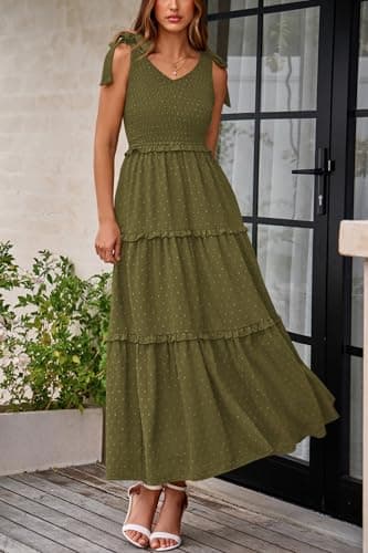 Okiwam Womens Summer Dresses 2026 Sleeveless Tie Strap Maxi Long Flowy Beach Sundresses Boho Swiss Dot Spring Wedding Guest Dress-S Army Green - Thumbnail 2