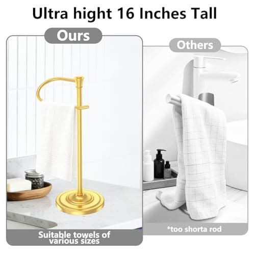 Brass Gold Bath Hand Towel Holder Stand,Stainless Steel 16 Inch Free Standing Towel Rack,Heavy Weight Towel Bar for Bathroom Vanity Countertop &Kitchen - Thumbnail 2