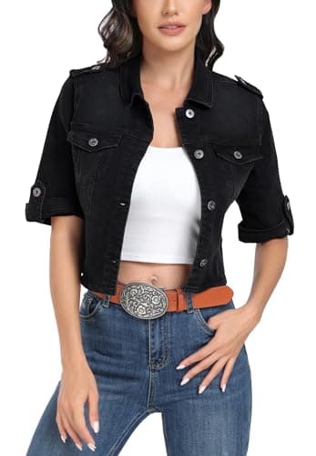 J.Corrine Women's Short Sleeve Stretch Denim Jacket Retro Button Down Cropped Trucker Jean Jackets Black XL - Image 1