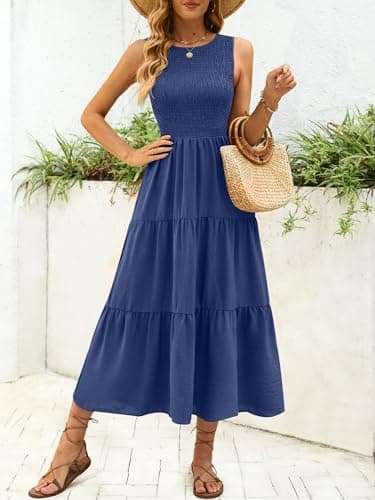 ANRABESS Women's Summer Casual Maxi Dress Sleeveless Crewneck Smocked 2026 Flowy Plaid Tiered Boho A Line Beach Long Sundress Navy Blue Medium - Thumbnail 5
