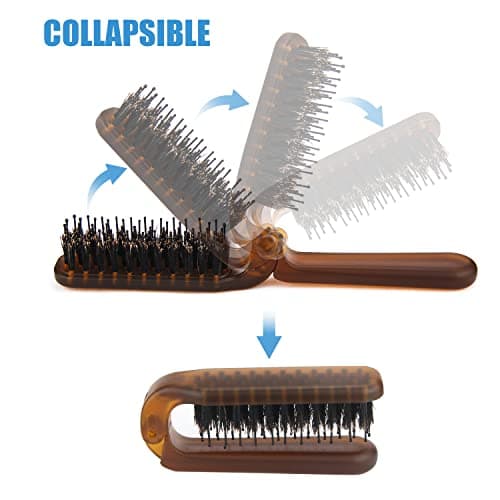 Travel Folding Hair Brush, Collapsable Portable Pocket Boar Bristle Hair Brush for Thin Thick Hair, Mini HairBrushfor Men Women Kids Thick Thin Curly Straight Wet Dry Hair Restore Shine Fold x1 Amber - Thumbnail 4