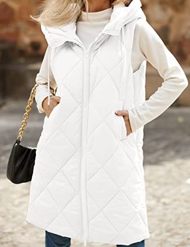 MEROKEETY Womens 2022 Fashion Hooded Long Down Vest Casual Zip Up Quilted Puffer Jacket with Pockets, White, L - Thumbnail 6
