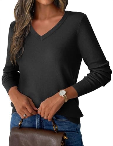 GKBK V Neck Lightweight Sweaters for Women Wool Blend Ribbed Knitted Classic Loose Fit Pullover Long Sleeve Tops Business Casual Fall Outfits 2025 Trendy Black - Image 1