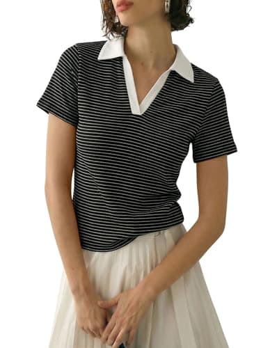 Tankaneo Womens Striped Polo Shirts Summer V Neck Short Sleeve Collared Knit Tops Dressy Casual Textured Blouse Black - Image 1