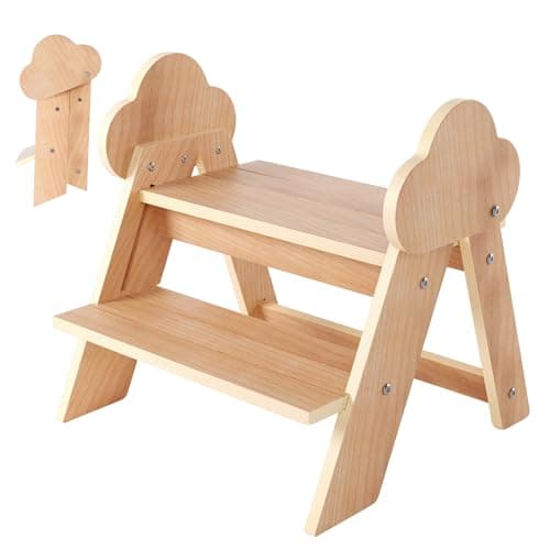 Novarieth Beech Wooden Toddler Step Stool, 2-Step Foldable Stool for Kids with Non-Slip Surface, Baby Bathroom Stool for Potty Training, Bathroom Sink, Kitchen Counter with Cute Cloud Design - Image 1