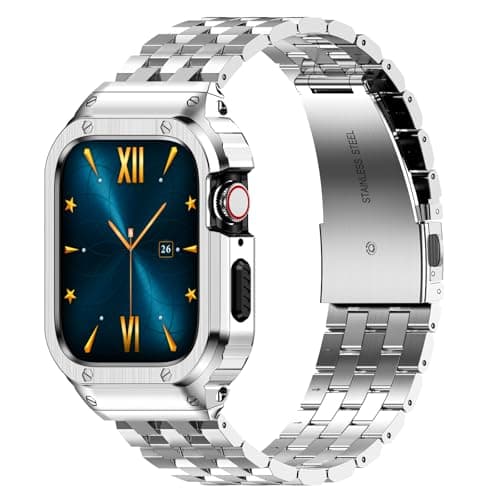 HASLFM Stainless Steel Band with Case Compatible with Apple Watch Series 9 8 7(45mm), Metal Protective Bumper Cover for iWatch Bands Men,Silver - Image 1