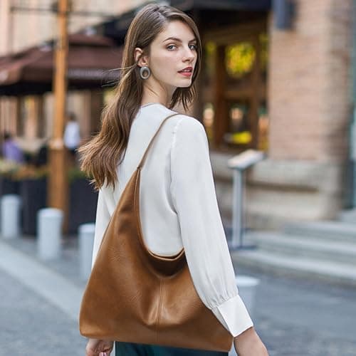 JueiXeoy Slouchy Tote Bag for Women Hobo Bags Soft Vegan Leather Hobo Purse Shoulder Bag Retro Travel College Work Tote Handbags 2pcs Brown - Thumbnail 2