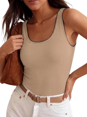 BTFBM Womens Square Neck Tank Tops 2026 Sleeveless Ribbed Knit Shirts Summer Casual Sweater Vest Cute Going Out Top(Khaki, XX-Large) - Image 1