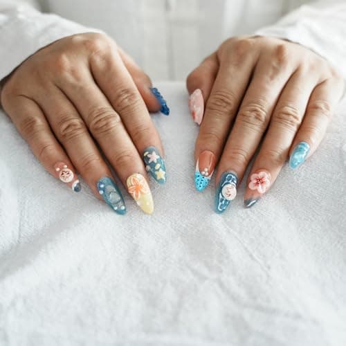 Tesytto Summer Beach Press on Nails Medium Almond - Blue Ocean French Tip False Nails with 3D Flower Colorful Sea Starfish Designs Full Cover Handmade Stick on Nails (Blue Floral Carving,S) - Thumbnail 2