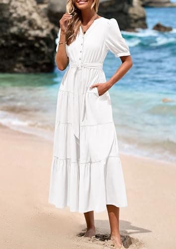 PRETTYGARDEN Summer Dresses for Women 2026 Elegant Classy Short Sleeve V Neck Ruffle A Line Belted Long Beach Vacation Dress (White,Medium) - Thumbnail 4