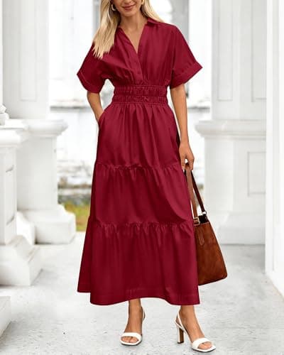 BTFBM Wedding Guest Dresses for Women Beach Fashion Casual Short Sleeve V Neck Solid Spring Summer Boho Maxi Dress (Wine Red,Medium) - Thumbnail 4