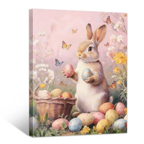 WayToLight Easter Bunny & Floral Canvas Wall Art,Cute Rabbit and Easter Eggs Painting Prints,Vintage Farmhouse Spring Animal Picture,Modern Framed Easter Wall Decor for Bedroom,Living Room, Bathroom,Office (Style 1, 8" x 10") - Image 1