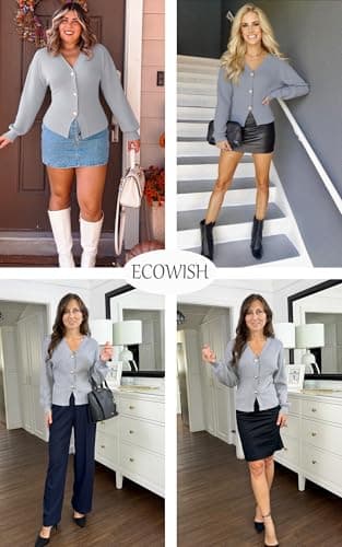 ECOWISH Cardigan Sweaters for Women 2025 Fall Long Sleeve V Neck Button Down Cropped Sweater Winter Ribbed Knit Outwear 475 Grey S - Thumbnail 6
