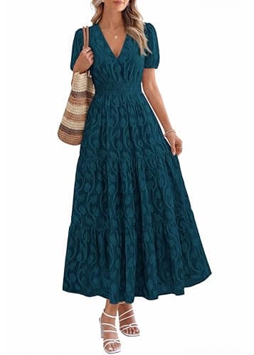 KIRUNDO Summer Dresses for Women 2026 Boho Flowy Casual Short Sleeve V Neck Elastic Waist Floral Long Baby Shower Maxi Dress(Peacock Blue, XX-Large) - Image 1
