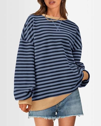 BTFBM Womens Oversized Striped Sweatshirt 2026 Spring Crewneck Long Sleeve Pullover Top Casual Y2K Clothes Workout Shirt(Blue Navy, Large) - Thumbnail 3