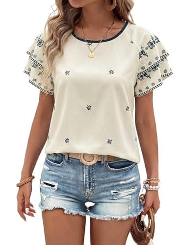 BLENCOT Womens Summer Tops Boho Floral Printed Ruffle Sleeve Crew Neck Flowy Chiffon Blouse Shirts Office Dressy Casual Tunic Hawaiian Vacation Top Medium Apricot - Image 1