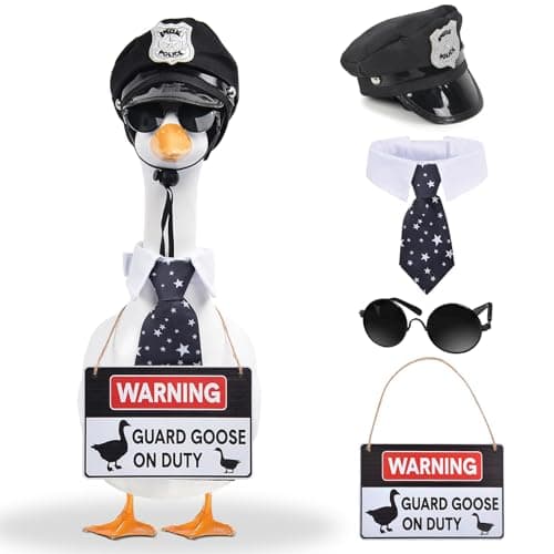 yuboo 4Pcs Police Officer Porch Goose Outfit, Funny Guard Goose Clothes for 23 Inch Large Geese, Includes Hat Sunglasses Tie & Warning Sign, Spring Summer Yard Decor - Thumbnail 2